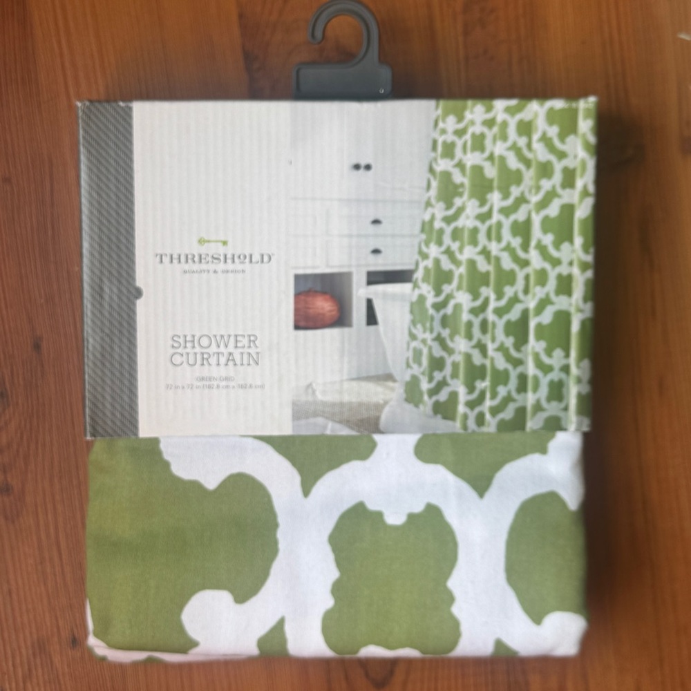 New Threshold White and Green Lattice Shower Curtain